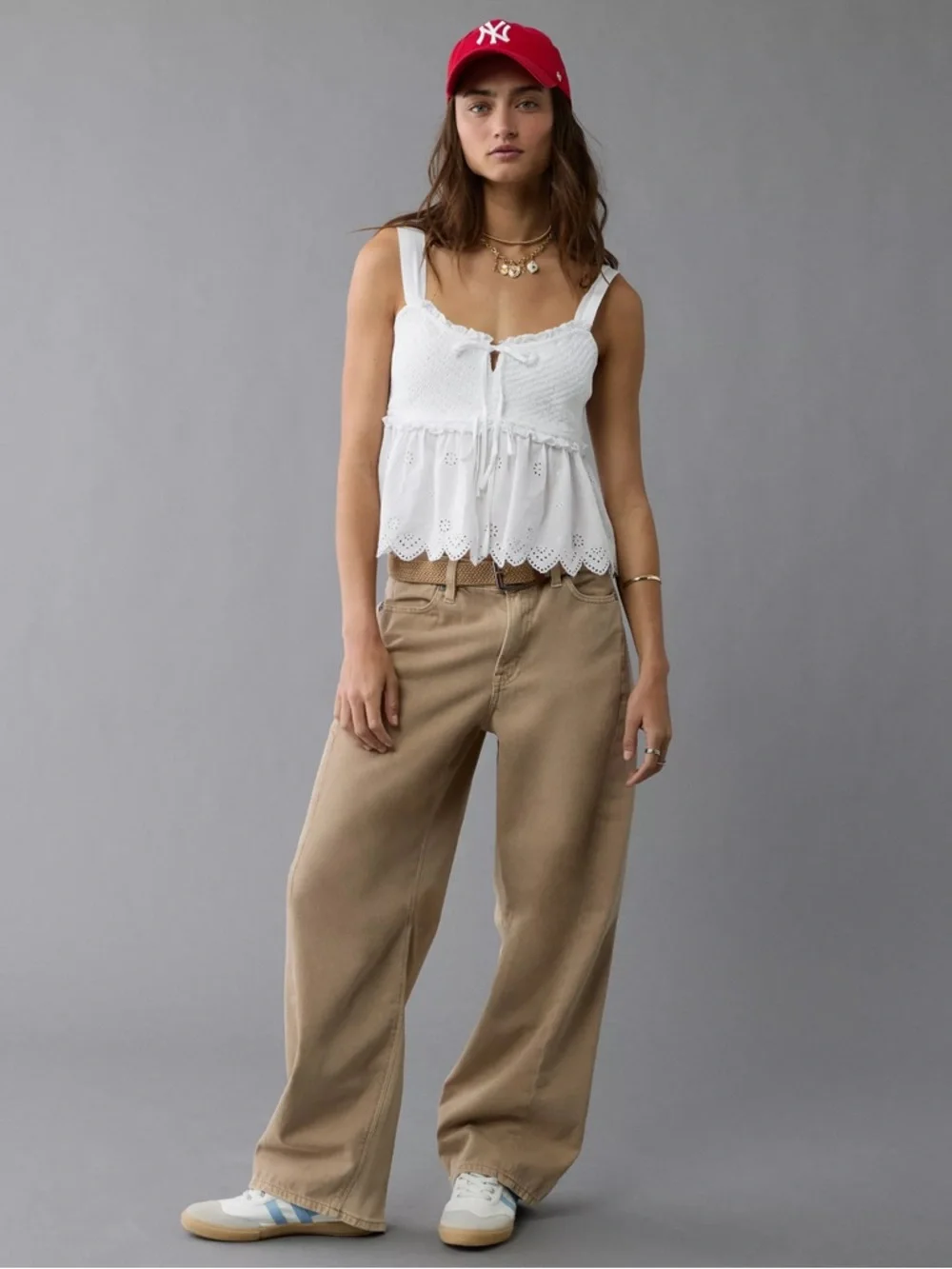 AMERICAN EAGLE S Smocked Babydoll Shirt in White Eyelet Trim Sleeveless Tank Top - Picture 11 of 12